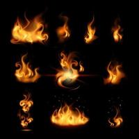 realistic fire big and small flames on black background vector