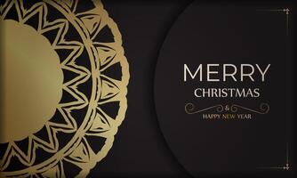 Banner Merry Christmas and Happy New Year in black with gold pattern. vector