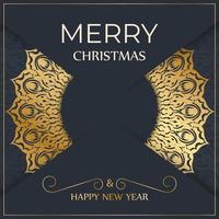 Happy new year flyer template in dark blue color with winter gold ornament vector