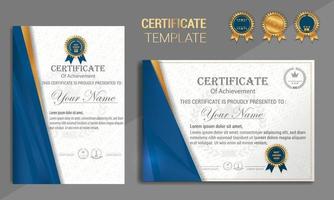 certificado premium de plantilla de logros, color dorado y azul. limpio certificado moderno con insignia de oro. plantilla de borde de certificado con patrón de línea moderno y de lujo. plantilla de vector de diploma