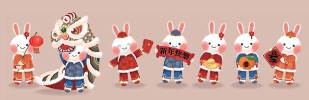 A set of seven lucky rabbits in the year of the rabbit, Chinese on the Spring Festival couplets, Spring is here, Happy New Year vector