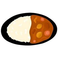 ilustración vectorial de arroz al curry japonés con carne, patatas y zanahorias sobre un fondo blanco. comida japonesa en un plato. ideal para logotipos y carteles de ventas. vector