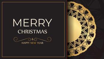 Merry Christmas and Happy New Years greeting flyer in black with gold pattern. vector