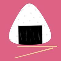 Vector illustration of onigiri or shio musubi on a pink background with two chopsticks. Rice balls stuffed with Salmon, and wrapped in seaweed and sesame seeds. Great for Japanese food logos.