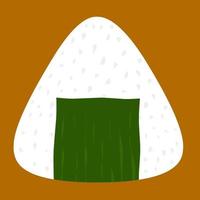 Vector of rice balls or onigiri on brown background. A traditional Japanese dish wrapped in green seaweed and sesame seeds, and stuffed with salmon.