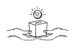 Donation box in hand. Charity donation for health. Vector illustration of a doodle
