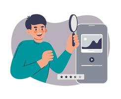 Man magnifying glass. Ui ux designer arrangement interface elements of the application and sites.  Vector illustration flat style