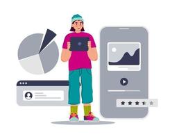 ui ux designer arreglo elementos de la interfaz de la aplicación y los sitios. un hombre mira las estadísticas de una aplicación móvil. ilustración vectorial en un estilo plano vector