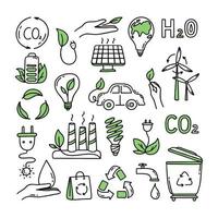 A set of elements. Co2 concept of climate change. Recycling. Separation of garbage. Vector isolated doodle