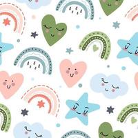 The pattern of cute hearts of stars and rainbows with kawaii eyes. For decoration of childrens rooms and holidays. Vector modern style