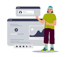 ui ux designer arreglo elementos de la interfaz de la aplicación y los sitios. un hombre con sombrero y zapatillas de deporte de una profesión moderna. ilustración vectorial en un estilo plano vector