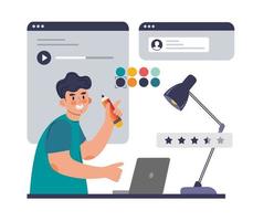 ui ux designer arreglo elementos de la interfaz de la aplicación y los sitios. un hombre está trabajando en una computadora portátil. ilustración vectorial en un estilo plano vector