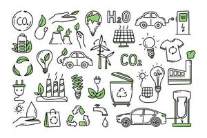 A set of elements. Co2 concept of climate change. Recycling. Separation of garbage. Vector isolated doodle