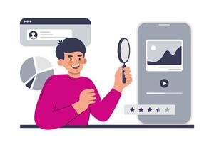 ui ux designer arreglo elementos de la interfaz de la aplicación y los sitios. un hombre mira las estadísticas de una aplicación móvil. ilustración vectorial en un estilo plano vector