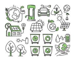 A set of elements. Co2 concept of climate change. Recycling. Separation of garbage. Vector isolated doodle