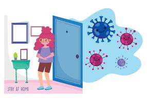 stay at home, young woman in room protection, quarantine prevention, covid 19 vector