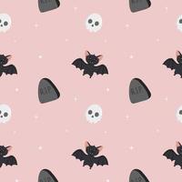 Vector seamless halloween pattern with skull, bat, headstone isolated on pink background. Perfect for  for fabric, wrapping, textile, wallpaper, clothing, greeting cards. Halloween background