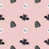 Vector seamless halloween pattern with skull, bat, headstone isolated on pink background. Perfect for  for fabric, wrapping, textile, wallpaper, clothing, greeting cards. Halloween background