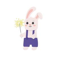 Cute bunny holding a burning sparkler. Childish vector character. Vector illustration. Perfect for Christmas cards and decorative design.