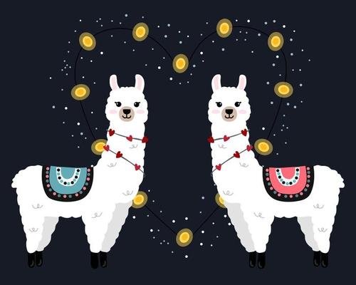 Cute llamas on blue background with hearts in cartoon flat style. Alpacas in love vector illustration for prints, textile, greeting cards, posters etc. Vector illustration