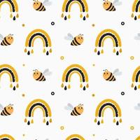 Seamless vector pattern with bee and rainbows. Baby background for wrapping paper,  greeting cards, design.