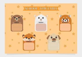 School timetable for kids with cute animals. Vector illustration. Cute bear, alpaca, red panda, fox and pug.