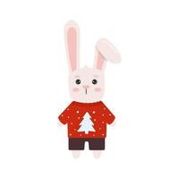 Cute white rabbit in knitted sweater. Childish vector character. Vector illustration. Perfect for Christmas cards and decorative design.