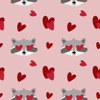 Seamless pattern with raccoons, hearts. Background for wrapping paper, textile, posters, cards. Happy Valentine's day. vector