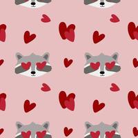 Seamless pattern with raccoons, hearts. Background for wrapping paper, textile, posters, cards. Happy Valentine's day. vector