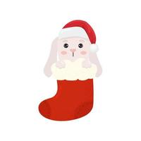 Cute white rabbit in Santa Claus hat in red christmas sock . Childish vector character. Vector illustration. Perfect for Christmas cards and decorative design.