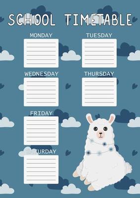 School timetable for kids with cute llama