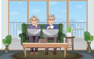 Senior couple using laptop at home vector