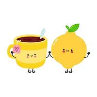 Cute happy cup of tea and lemon card. Vector hand drawn doodle style cartoon character illustration icon design. Happy cup of tea and lemon friends concept card