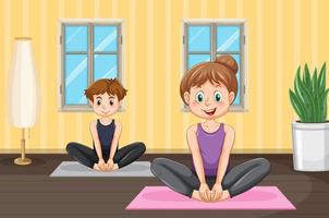 Couple doing yoga at home vector