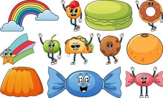 Set of objects and foods cartoon characters vector