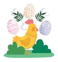 felices pascuas gallina y huevos hojas hierba naturaleza vector