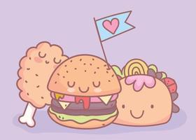 hamburguesa taco pollo pierna personaje menú restaurante comida dibujos animados vector