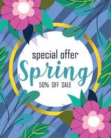 venta de primavera, oferta especial descuento flores follaje fondo vector