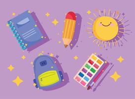 regreso a la escuela, mochila libro lápiz paleta color iconos dibujos animados vector