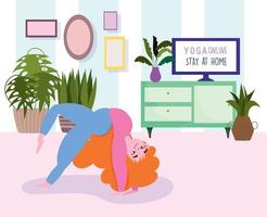 online yoga, stay at home, young woman practicing yoga in room vector