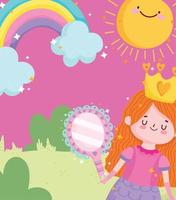 cute princess with mirror crown rainbow and sun cartoon vector