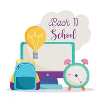 back to school, computer backpack clock idea online elementary education cartoon vector