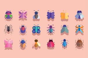 lindos insectos animales pequeña fauna en iconos de dibujos animados vector