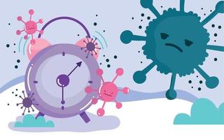 covid 19 virus cartoons and clock vector design