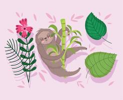 sloth resting on tree branch flower leaves nature cartoon vector