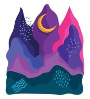 telón de fondo de color de paisaje abstracto con montañas dibujadas a mano, luna y curvas vector