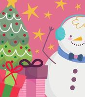 feliz navidad muñeco de nieve con árbol y regalos decoración y celebración vector