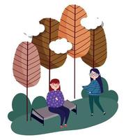 two women together in park with bench nature leisure vector