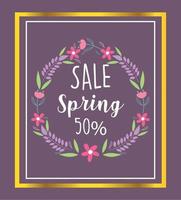 spring sale, flowers wreath decoration diiscount offer banner vector