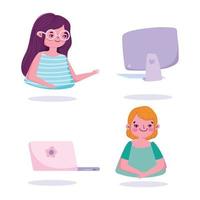 quedarse en casa, mujeres jóvenes con laptop freelance y teletrabajo prevención de cuarentena covid 19 vector